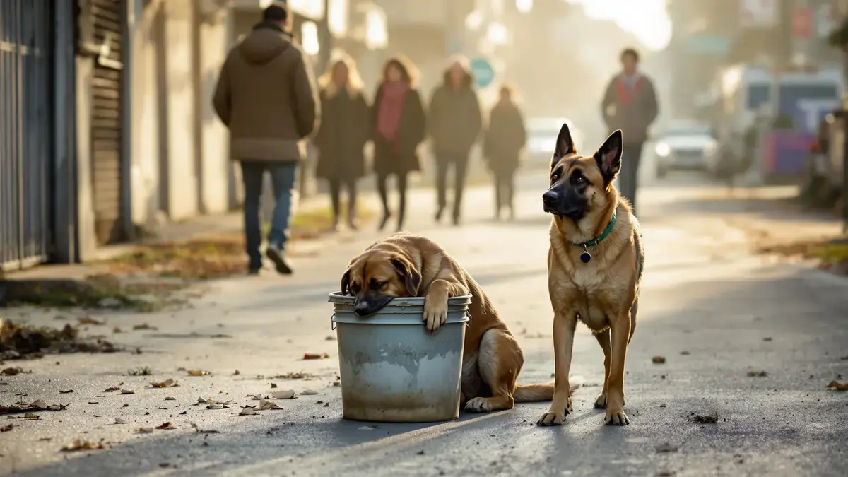 Een hond vast in een emmer krijgt na weken onverwachte hulp van zijn trouwe kameraad